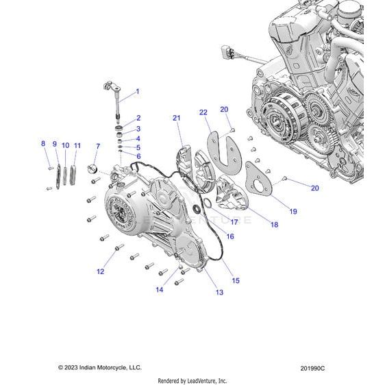Exploded diagram of a Polaris Plate Nvh Clutch Backer Plate assembly with numbered parts, bolts, gaskets, OEM components, and labels for identification. The partial engine focuses on the cover and its Polaris Plate Nvh Clutch components.