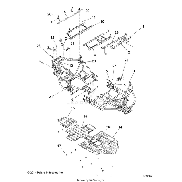An Image of a Genuine Polaris Parts Schematic Diagram showing the schematic - CHASSIS: MAIN FRAME AND SKID PLATE - 2015 POLARIS RZR 4 900