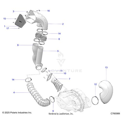 An Image of a Genuine Polaris Parts Schematic Diagram showing the schematic - DRIVE TRAIN: CLUTCH COVER DUCTING - 2026 POLARIS RZR PRO R RACE