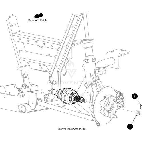 Line drawing of a vehicle suspension, showing OEM Arctic Cat parts like the drive shaft, brake disc, caliper, frame components, and Castle Flange Nut. Numbered labels ID each part; an arrow marks the front. Great for Arctic Cat Wildcat maintenance.