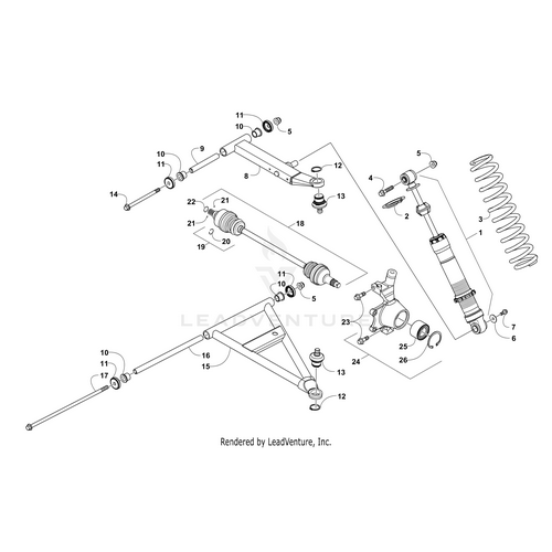 Exploded diagram of a vehicle’s front suspension showing labeled parts like the Arctic Cat Lower Right A-Arm (Black, fits 10-13 and 16), control arms, coil spring, shock absorber, and tie rod—ideal for finding OEM Arctic Cat or other UTV/ATV parts.