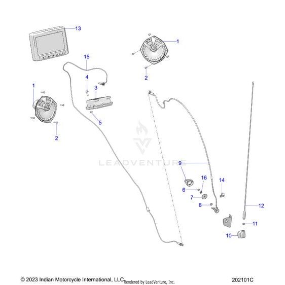 Technical diagram of the Pwrsply Dsp 2Ch 4Vpp 2.0 by Polaris for Indian Motorcycle, with numbered OEM parts like display, cables, connectors, switches & mounts. For replacement, contact Indian Service Rep. Some items shown in exploded view.