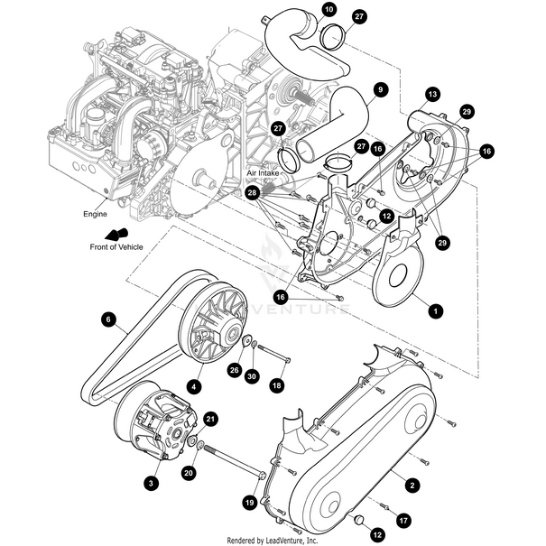 Exploded mechanical system diagram shows engine, air intake, belts, pulleys, covers, and labeled OEM Arctic Cat parts like the Hex Flange Bolt M6-1X16 by Arctic Cat for assembly. Discover more parts at Witchdoctors.com.
