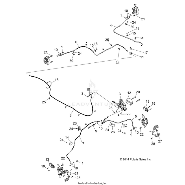 An Image of a Genuine Polaris Parts Schematic Diagram showing the schematic - BRAKES: BRAKE LINES AND MASTER CYLINDER - 2015 POLARIS RZR 900/900 EPS
