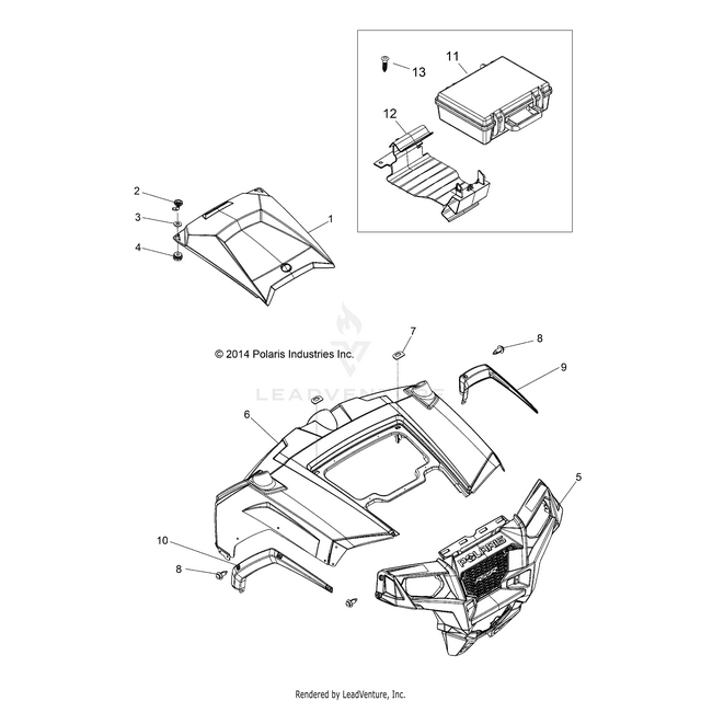 An Image of a Genuine Polaris Parts Schematic Diagram showing the schematic - BODY: HOOD AND FRONT BODY WORK - 2017 POLARIS RZR 570 S