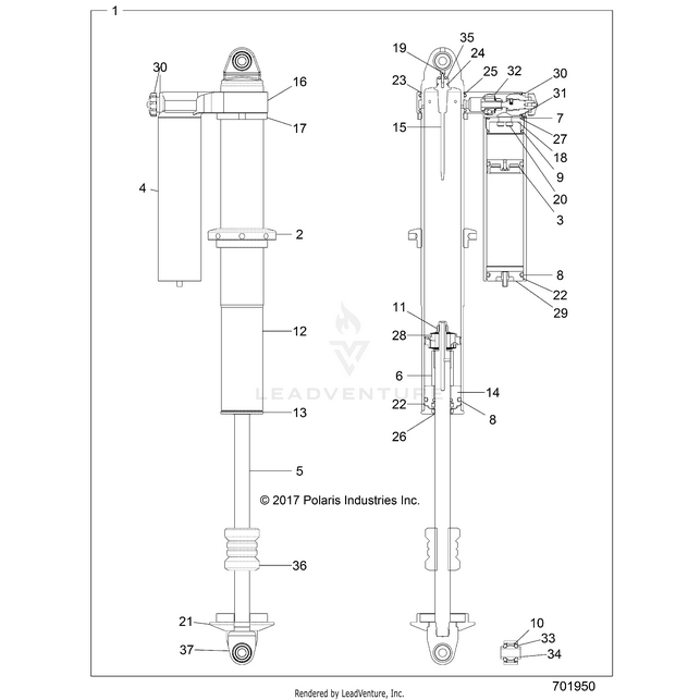 An Image of a Genuine Polaris Parts Schematic Diagram showing the schematic - SUSPENSION: REAR SHOCK INTERNALS {TO - 2018 POLARIS RZR XP 4 TURBO