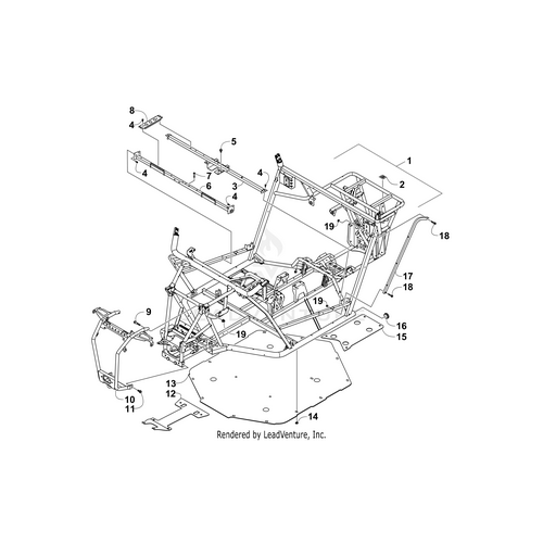 Exploded diagram of the OEM Arctic Cat Frame W/Decals (14-15 WC Trail) (Inc. 2) shows labeled bars, plates, and connectors to illustrate assembly and attachment points for UTV parts such as the model 8506-900.