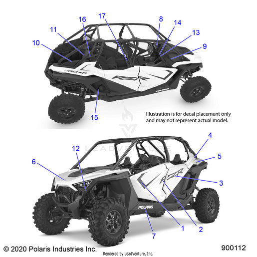 An Image of a Genuine Polaris Parts Schematic Diagram showing the schematic - BODY: DECALS - 2020 POLARIS RZR PRO XP 4
