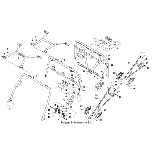 Exploded diagram showing labeled parts of a vehicle roll cage assembly, including frame bars, brackets, hardware, Side Restraint - Left by Arctic Cat, and connectors, with each component numbered for identification.