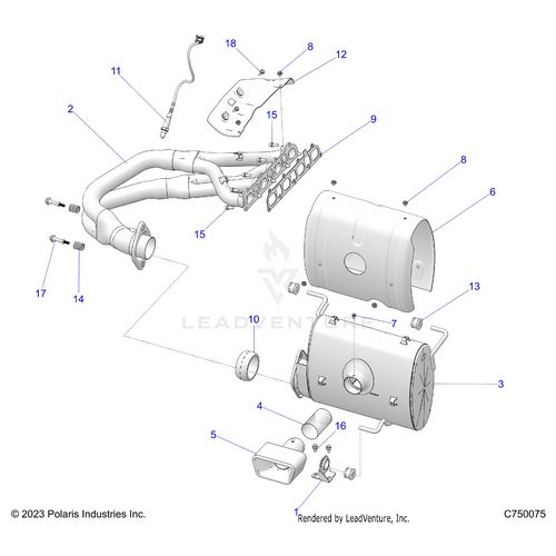 An Image of a Genuine Polaris Parts Schematic Diagram showing the schematic - ENGINE: EXHAUST SYSTEM - 2026 POLARIS RZR PRO R LE