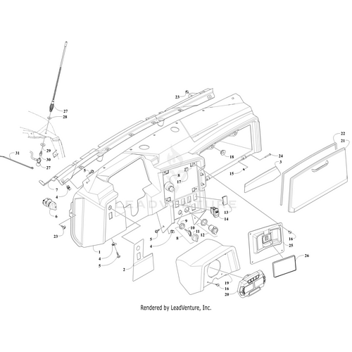 Exploded view of a vehicle dashboard highlighting key components—instrument panel, glove box, vents, controls, wiring, fasteners—and OEM parts like the Washer by Arctic Cat, each clearly labeled for easy identification.