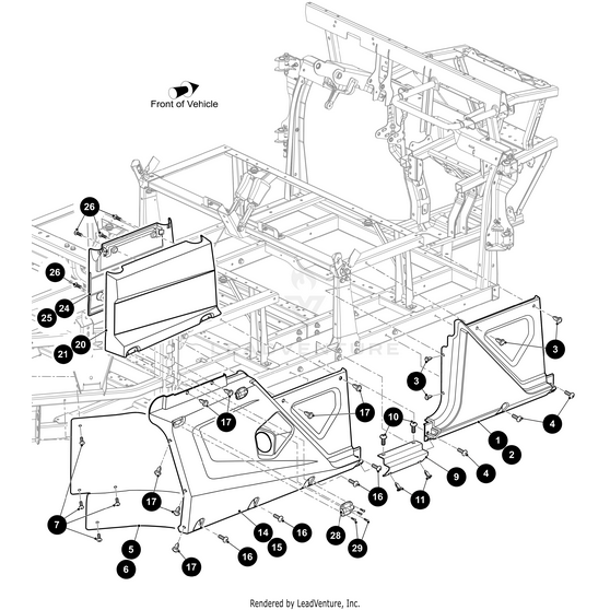 Exploded diagram of the Arctic Cat Body Panel Middle - Left, showing components and fasteners. Numbered circles and arrows aid assembly, with a “Front of Vehicle” marker for orientation—ideal for OEM Arctic Cat part reference.