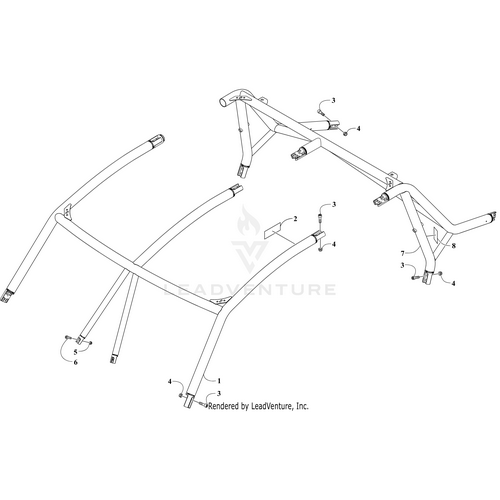 Line drawing of a tubular metal frame with labeled parts, representing the Hard Top Aluminium Wcxx by Arctic Cat. Find OEM Arctic Cat parts at Witchdoctors.com.
