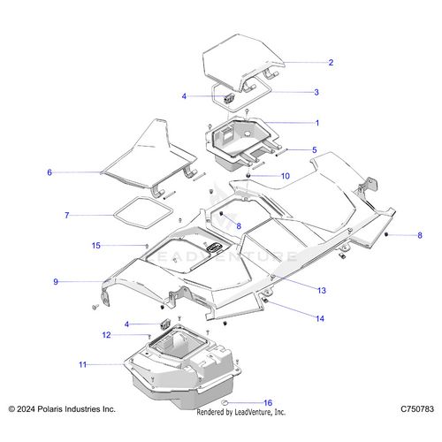 An Image of a Genuine Polaris Parts Schematic Diagram showing the schematic - BODY: DASH UPPER - 2026 POLARIS RZR PRO XP SPORT