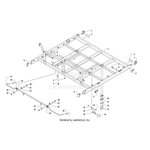 Diagram of a metal frame assembly with labeled parts and connectors, including mounting brackets and crossbars. Labels show the OEM Arctic Cat Warning Decal - Pinch Point for accurate part identification during assembly.