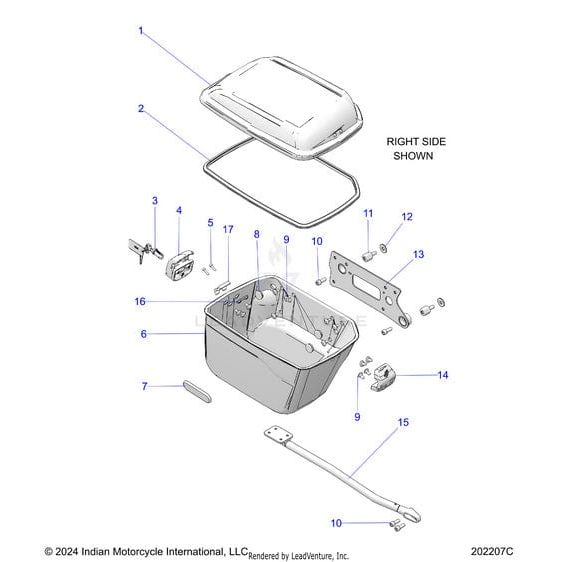 Exploded diagram of a motorcycle side case, featuring Polaris Lock Int | [Includes 1 Set Of Keys And 2 Locks & Steering Lock] with labeled components—lid, main compartment, locks, hinges, latch mechanism, and fasteners—for assembly reference.