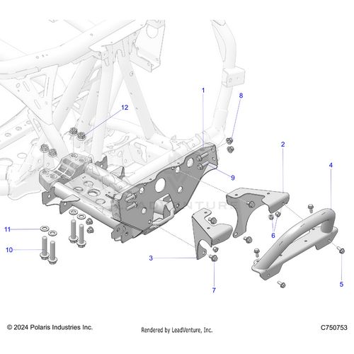An Image of a Genuine Polaris Parts Schematic Diagram showing the schematic - CHASSIS: FRONT GEARCASE AND BUMPER MOUNTING - 2025 POLARIS RZR PRO XP ULTIMATE