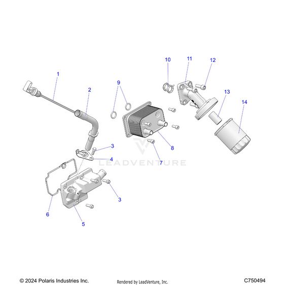 An Image of a Genuine Polaris Parts Schematic Diagram showing the schematic - ENGINE: DIPSTICK AND OIL FILTER - 2025 POLARIS RZR XP 1000 PREMIUM