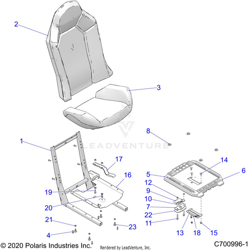 An Image of a Genuine Polaris Parts Schematic Diagram showing the schematic - BODY: SEAT ASM. AND SLIDER - 2020 POLARIS RZR XP TURBO