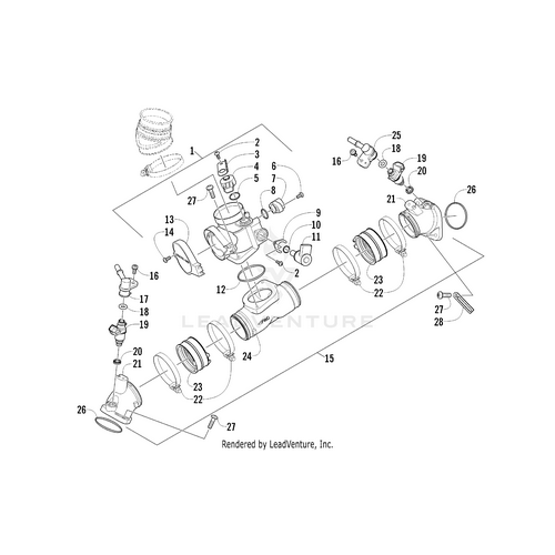 Exploded diagram of the Arctic Cat Intake Manifold (Inc. 16-25) for UTVs, with labeled OEM parts such as springs, screws, sensors, gaskets, and housings for easy identification and reference.