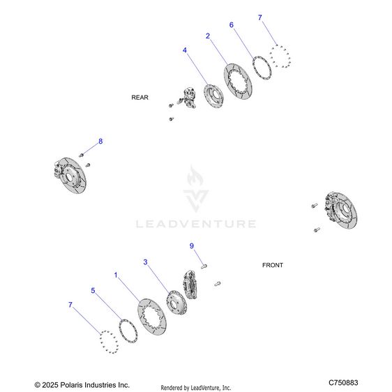 An Image of a Genuine Polaris Parts Schematic Diagram showing the schematic - BRAKES: CALIPER MOUNTING AND ROTORS - 2025 POLARIS RZR PRO R RACE