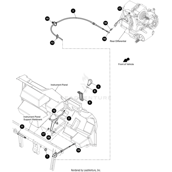 Line diagram showing cable routing from the rear differential to the instrument panel and support weldment in a vehicle, with parts—like Shifter Handle Prnlh by Arctic Cat and other OEM Arctic Cat parts—labeled with numbered circles for ID.