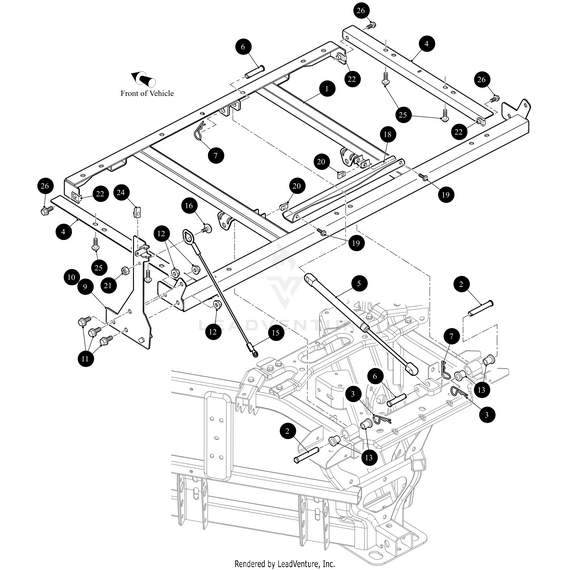 Exploded diagram of an Arctic Cat UTV frame assembly highlighting the OEM Bed Bracket Stop Center by Arctic Cat. Numbered rails, crossmembers, brackets, bolts, and fasteners shown; arrow indicates front of vehicle for reference.