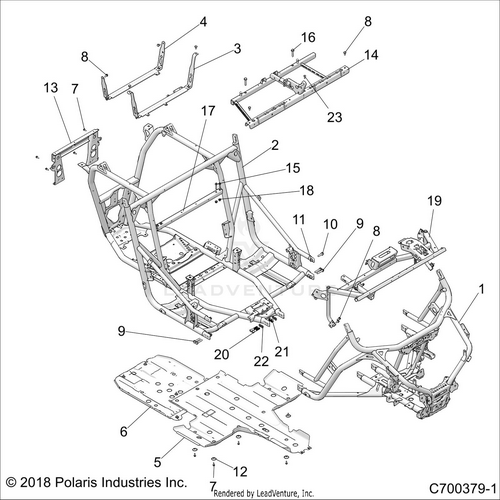 An Image of a Genuine Polaris Parts Schematic Diagram showing the schematic - CHASSIS: MAIN FRAME AND SKID PLATES - 2018 POLARIS RZR XP TURBO S