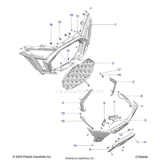An Image of a Genuine Polaris Parts Schematic Diagram showing the schematic - BODY: FRONT BUMPER - 2025 POLARIS RZR PRO S PREMIUM