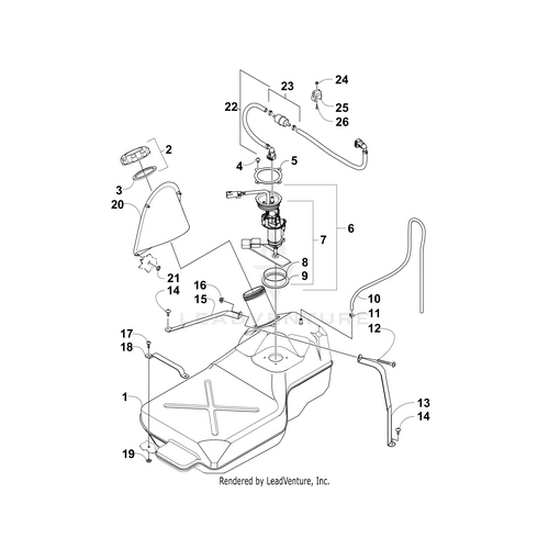 Exploded diagram of a fuel tank assembly showing labeled parts like the tank, hoses, Fuel Pump Seal by Arctic Cat, OEM parts (e.g., 0470-614), clamps, connectors, and mounting hardware—each with reference numbers for easy identification.
