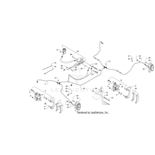 Exploded diagram of a vehicle brake system with components like brake lines, master cylinder, calipers, and the Caliper Mounting Bracket Rear by Arctic Cat—great for referencing OEM parts for Wildcat, Prowler, or Alterra models.