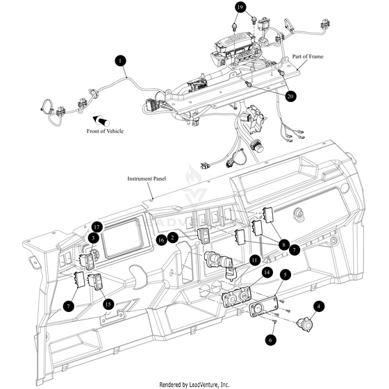 Line drawing of a vehicle dashboard with numbered components and wiring, featuring OEM Arctic Cat parts, including the Arctic Cat Switch 2Pos DPST Low Beam Non-Illum. Front of vehicle and part of frame are labeled.