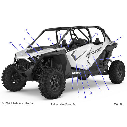 An Image of a Genuine Polaris Parts Schematic Diagram showing the schematic - BODY: DECALS - 2020 POLARIS RZR PRO XP 4