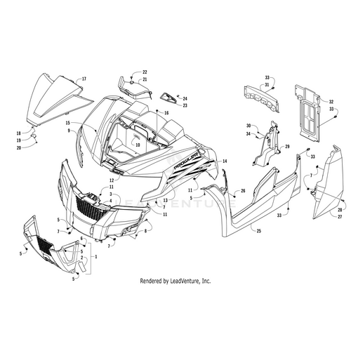 Exploded diagram displaying labeled parts of a vehicles front body panel, perfect for identifying genuine Arctic Cat UTV parts such as the Decal Panel - Front - Red by Arctic Cat.