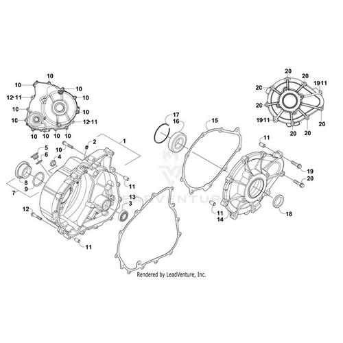 Exploded mechanical assembly diagram with labeled parts—covers, gears, bolts, gaskets, seals—including the Arctic Cat Bolt M6X1.0X30 and other OEM Arctic Cat components from Witchdoctors.com.
