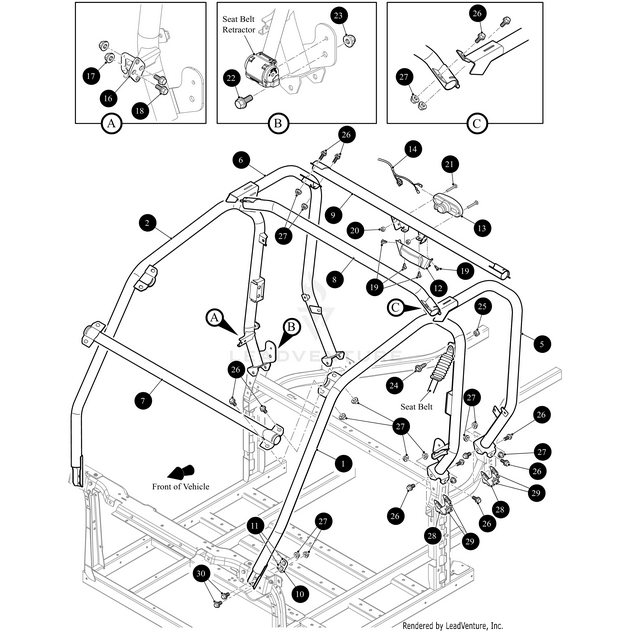 Black and white diagram illustrating the assembly and components of a vehicle’s seat belt and roll cage system, featuring the Arctic Cat Rops Side Right-Weld. Insets A, B, and C show details. Find OEM Arctic Cat parts at Witchdoctors.com.