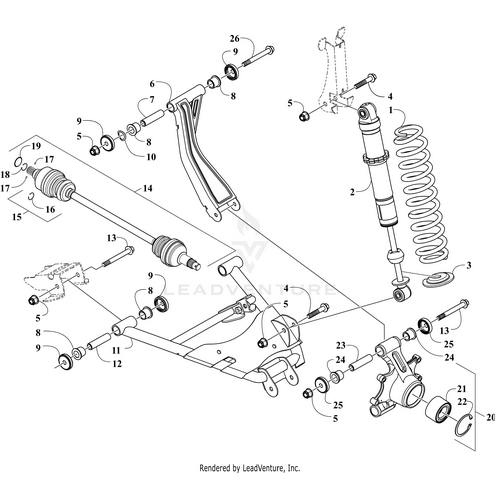Exploded diagram of a vehicle suspension featuring labeled parts like the shock absorber, coil spring, rear lower right A-Arm (Inc. 8-9 and 12) by Arctic Cat, CV axle, mounting hardware, and connecting brackets—each separated for clarity with OEM Arctic Cat parts.