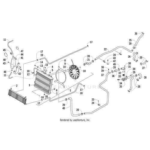 Exploded diagram of a vehicle cooling system with labeled parts like radiator, fan, and hoses—ideal for identifying the Arctic Cat Coolant Hose - Coolant Pipe/Water Pump or other OEM parts. Numbered references show flow and assembly relationships.