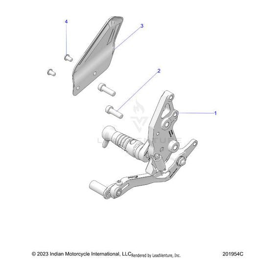 Exploded view diagram of the Protector RH Gilles by Polaris foot peg assembly, with parts labeled 1–4—including bolts, a mounting bracket, and a cover plate—featuring genuine Polaris factory-direct components for reliability.