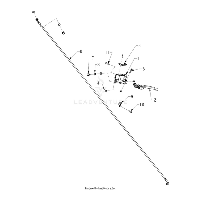 Exploded line drawing of the Reva Clutch Master Cyl Black Mach for Classic Dark Horse by Polaris, showing a long rod and labeled parts—bolts, brackets, handle—ideal for identifying Polaris OEM Parts.