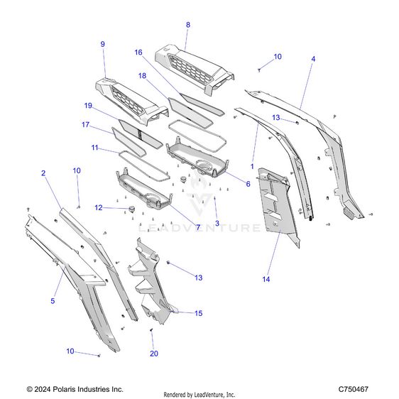 An Image of a Genuine Polaris Parts Schematic Diagram showing the schematic - BODY: REAR FENDERS AND BEZELS - 2025 POLARIS RZR XP 1000 PREMIUM