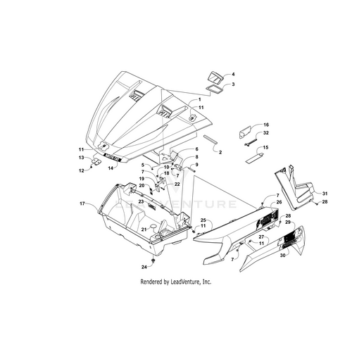 Exploded diagram of a vehicle hood assembly with numbered parts—highlighting the Arctic Cat Logo Decal by Arctic Cat among OEM components for accurate identification and assembly reference.