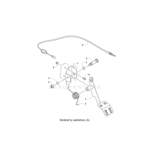 Line drawing of an accelerator pedal assembly with labeled parts, including the pedal, mounting hardware, return spring, Throttle Cable by Arctic Cat, and connectors. Each part is numbered for easy reference.