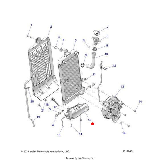 Exploded technical diagram showing labeled parts of an Indian motorcycle radiator assembly, including the radiator, fan, hoses, clamps, Bottle Coolant Recovery by Polaris, and mounting hardware with numbered callouts for each component.