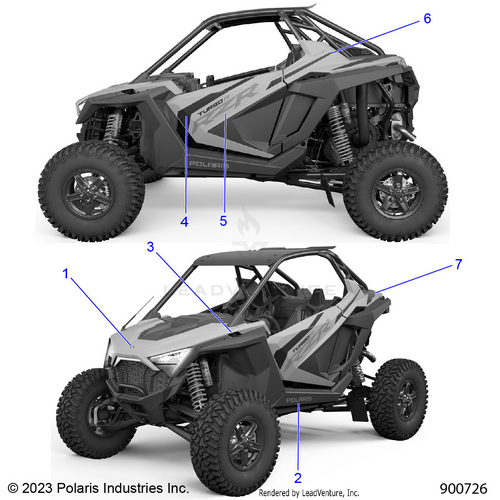 An Image of a Genuine Polaris Parts Schematic Diagram showing the schematic - BODY: DECALS GRAPHICS - 2024 POLARIS RZR TURBO R ULTIMATE