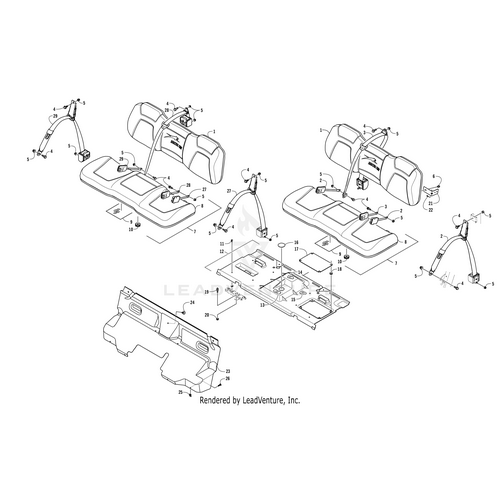 Exploded diagram of a vehicles rear seat assembly with Protective Foil by Arctic Cat, showing seat cushions, seat backs, seatbelts, mounting hardware, and accessories—each component labeled for easy identification.