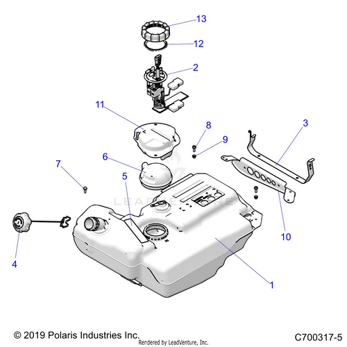 An Image of a Genuine Polaris Parts Schematic Diagram showing the schematic - BODY: FUEL TANK - 2020 POLARIS RZR TURBO S