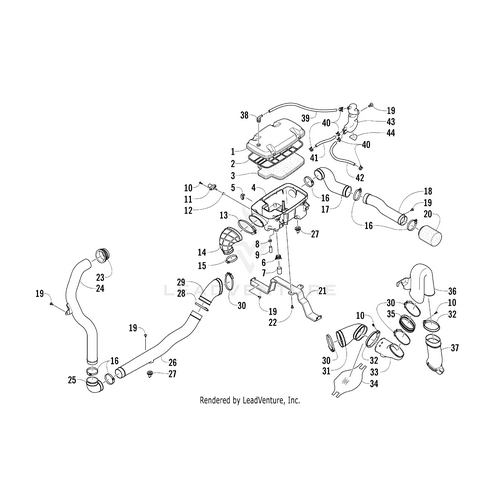 Diagram of an automotive air intake system with labeled parts—pipes, clamps, clutch duct, air filter housing, hoses, and connectors—ideal for identifying OEM Arctic Cat parts such as the Heat Shield - Clutch Duct (Psa).