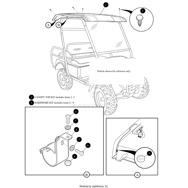Line drawing of a utility vehicle showing labeled parts for the Arctic Cat Top Canopy-Kit (Inc. 2-3) and hardware, with close-ups of OEM Arctic Cat screws, brackets, and mounting spots. UTV ATV accessories shown; vehicle is for reference only.