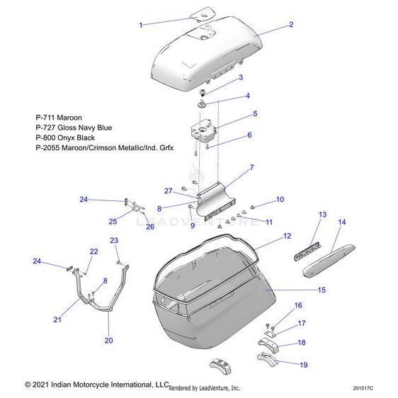 Exploded diagram of the Polaris Lid Saddlebag LH Aljade assembly for Indian Motorcycle, showing labeled parts, OEM body and trim components, and a color code list on the upper left.